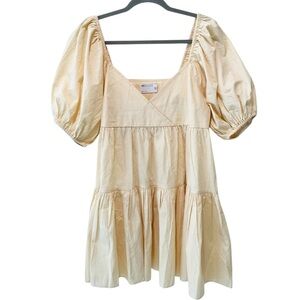ASOS Smock Tiered Babydoll Dress Puff Sleeves Cream Size 8
